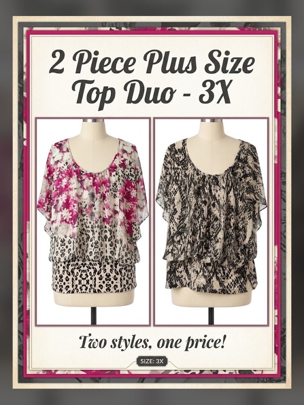 Plus Size 2-Piece Layered Top Duo - 3X, Pink Floral & Black Snake